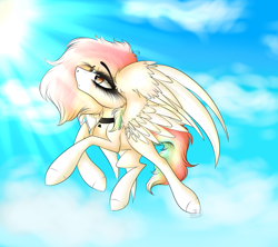 Size: 4500x4000 | Tagged: safe, artist:beamybutt, derpibooru import, oc, oc only, pegasus, pony, ear fluff, ears, flying, outdoors, pegasus oc, smiling, solo, wings