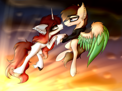 Size: 4000x3000 | Tagged: safe, artist:beamybutt, derpibooru import, oc, oc only, pegasus, pony, unicorn, cloud, ear fluff, ears, female, flying, horn, male, mare, pegasus oc, smiling, stallion, unicorn oc, wings