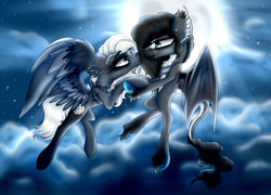 Size: 4000x2880 | Tagged: safe, artist:beamybutt, derpibooru import, oc, oc only, bat pony, pegasus, pony, bat pony oc, bat wings, commission, ear fluff, ears, flying, full moon, moon, night, outdoors, pegasus oc, smiling, stars, wings, ych result