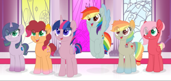 Size: 4750x2239 | Tagged: safe, artist:fawnroseyt, derpibooru import, oc, oc only, oc:cupcake, oc:diamond clarity, oc:dusk sentry, oc:jazz apple, oc:ruby frost, oc:zap apple, alicorn, dracony, earth pony, hybrid, pegasus, pony, unicorn, base used, eye clipping through hair, female, interspecies offspring, magical lesbian spawn, mare, next generation, offspring, open mouth, parent:applejack, parent:big macintosh, parent:cheese sandwich, parent:fluttershy, parent:pinkie pie, parent:rainbow dash, parent:rarity, parent:spike, parents:appledash, parents:cheesepie, parents:fluttermac, parents:sparity, throne room