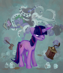 Size: 1393x1607 | Tagged: safe, artist:yarugreat, derpibooru import, spike, twilight sparkle, unicorn twilight, dragon, pony, unicorn, book, cezve, coffee grinder, coffee mug, magic, monster, mug, tabun art-battle, telekinesis, tentacles