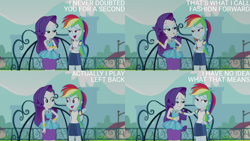 Size: 1280x720 | Tagged: safe, derpibooru import, edit, edited screencap, editor:quoterific, screencap, rainbow dash, rarity, equestria girls, equestria girls series, sock it to me, sock it to me: rarity, spoiler:eqg series (season 2), bracelet, crossed arms, duo, duo female, female, geode of shielding, hairpin, jewelry, magical geodes, open mouth, open smile, rarity peplum dress, smiling