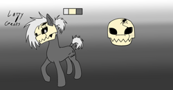 Size: 1920x997 | Tagged: safe, artist:anonixar, derpibooru import, oc, oc only, oc:lazy gears, earth pony, pony, gradient background, gray coat, hair tie, looking at you, raised hoof, raised leg, reference sheet, skull, solo, tail wrap, text, white mane, white tail