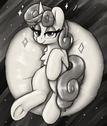 Size: 1446x1708 | Tagged: safe, artist:llametsul, derpibooru import, oc, oc only, pony, unicorn, bedroom eyes, chest fluff, eyelashes, looking at you, monochrome, not sweetie belle, sketch, smiling, solo, sparkles, underhoof