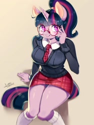 Size: 2000x2667 | Tagged: safe, artist:mrscurlystyles, derpibooru import, twilight sparkle, unicorn twilight, anthro, unicorn, adorasexy, alternate hairstyle, big breasts, blushing, breasts, clothes, curvy, cute, eyebrows, eyebrows visible through hair, eyelashes, glasses, hair tie, headlight sparkle, hourglass figure, knees pressed together, kneesocks, legs, looking at you, meganekko, miniskirt, necktie, nerd, plaid skirt, ponytail, round glasses, school uniform, schoolgirl, sexy, simple background, sitting, skirt, smiling, smiling at you, socks, solo, stupid sexy twilight, sweater, sweater puppies, thighlight sparkle, thighs, thunder thighs, twiabetes, wide hips, zettai ryouiki