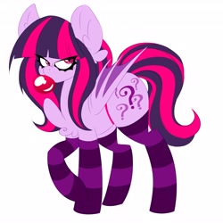 Size: 4096x4096 | Tagged: safe, artist:ladylullabystar, derpibooru import, oc, oc:kissy missy, bat pony, pony, bubblegum, clothes, female, food, gum, mare, not twilight sparkle, simple background, socks, solo, striped socks, transparent background, white background