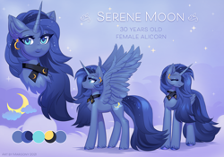 Size: 1722x1204 | Tagged: safe, artist:margony, derpibooru import, oc, oc only, oc:serene moon, alicorn, pony, alicorn oc, female, horn, mare, not luna, reference sheet, solo, wings