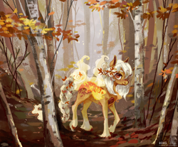 Size: 1654x1370 | Tagged: safe, artist:wolfiedrawie, derpibooru import, oc, oc only, oc:autumna, earth pony, pony, autumn, birch, braided tail, forest, looking at you, outdoors, solo, tail, tree, unshorn fetlocks