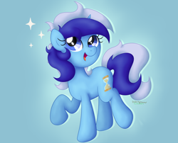 Size: 4362x3533 | Tagged: safe, artist:background basset, derpibooru import, minuette, pony, unicorn, cute, female, happy, mare, minubetes, open mouth, open smile, raised hoof, raised leg, simple background, smiling, solo