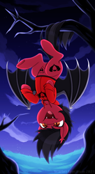 Size: 938x1718 | Tagged: safe, artist:scarlet-spectrum, derpibooru import, bat pony, pony, bat wings, clandestine industries, clothes, commission, ear fluff, ears, fall out boy, fangs, halloween, hanging, hanging upside down, holiday, hoodie, male, night, nightmare night, open mouth, pete wentz, ponified, slit eyes, solo, spread wings, stallion, tattoo, tree, tree branch, upside down, wings, ych result