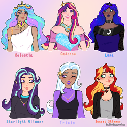 Size: 1280x1280 | Tagged: safe, artist:saltytangerine, derpibooru import, princess cadance, princess celestia, princess luna, sunset shimmer, human, alternate hairstyle, choker, clothes, crown, dark skin, dress, ear piercing, earring, eyeshadow, female, grin, humanized, implied lesbian, implied shipping, implied startrix, jacket, jewelry, leather jacket, lipstick, makeup, necklace, one eye closed, open mouth, piercing, regalia, royal sisters, shirt, siblings, sisters, smiling, sweater, t-shirt, wink