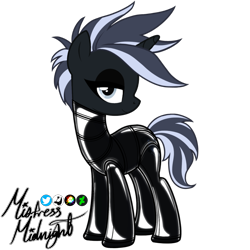 Size: 2048x2048 | Tagged: safe, alternate version, artist:mistress midnight, derpibooru import, oc, oc:mistress, unicorn, clothes, cutie mark, eyeliner, eyeshadow, horn, latex, latex suit, makeup, mohawk, photo, rubber, rubber suit, see-through, shiny, show accurate, signature, simple background, solo, tail, transparent background, two toned mane, unicorn oc