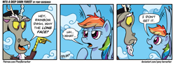 Size: 3375x1238 | Tagged: safe, artist:pony-berserker, derpibooru import, discord, rainbow dash, draconequus, pegasus, pony, 2021, cloud, comic, comic strip, female, flying, i don't get it, male, speech bubble, why the long face