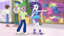 Size: 3642x2048 | Tagged: safe, artist:georgegarza01, derpibooru import, curly winds, rarity, some blue guy, spike, wiz kid, human, better together, equestria girls, bracelet, canterlot mall, clothes, converse, female, geode of shielding, holding hands, human spike, humanized, jewelry, looking at each other, magical geodes, male, pocket pouch, pointing, rarity peplum dress, shipping, shirt, shoes, sparity, straight