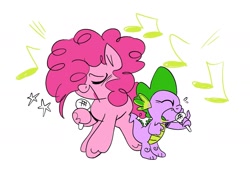 Size: 1857x1262 | Tagged: safe, artist:b0uncy-ball, derpibooru import, pinkie pie, spike, dragon, earth pony, pony, female, male, mare, microphone, singing