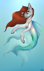 Size: 1936x3098 | Tagged: safe, artist:clarissa0210, derpibooru import, oc, oc only, merpony, seapony (g4), art challenge, blue background, bubble, dorsal fin, fish tail, flowing mane, flowing tail, ocean, red mane, signature, simple background, solo, swimming, tail, underwater, water
