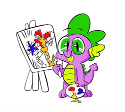 Size: 1490x1329 | Tagged: safe, artist:b0uncy-ball, derpibooru import, spike, dragon, robot, art, canvas, cute, easel, fight, looking at you, male, paint, paintbrush, painting, palette, simple background, solo, spikabetes, white background