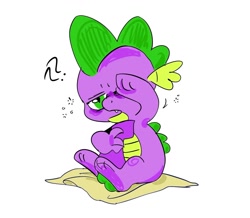 Size: 1465x1277 | Tagged: source needed, safe, artist:b0uncy-ball, derpibooru import, spike, dragon, blanket, cute, hug, male, open mouth, question mark, simple background, sitting, sleepy, solo, spikabetes, tail, tail hug, waking up, white background