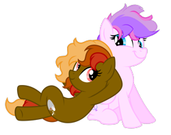 Size: 1376x1083 | Tagged: safe, artist:feather_bloom, derpibooru import, oc, oc only, oc:cocoa butter, oc:lueur rose, earth pony, pegasus, pony, 2022 community collab, crossed legs, derpibooru community collaboration, duo, duo female, earth pony oc, female, hooves behind head, looking at each other, lying down, mare, on back, pegasus oc, simple background, sitting, smiling, smiling at each other, transparent background