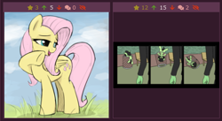 Size: 512x280 | Tagged: safe, artist:happy harvey, artist:whiskeypanda, fluttershy, oc, oc:anon, oc:anon filly, earth pony, pony, grass, juxtaposition, meta, open mouth, outdoors, ponybooru, smug, solo, trash can