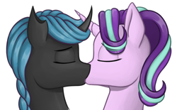 Size: 1094x677 | Tagged: safe, artist:stardustspix, derpibooru import, starlight glimmer, oc, oc:protectress lilac, changeling, pony, unicorn, equestria at war mod, canon x oc, duo, eyes closed, female, horn, kissing, lesbian, shipping, simple background, white background