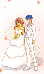 Size: 720x1196 | Tagged: safe, artist:artisticdemonn, derpibooru import, flash sentry, sunset shimmer, equestria girls, clothes, dress, female, flashimmer, male, marriage, shipping, straight, wedding, wedding dress