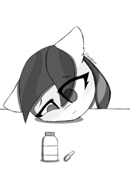 Size: 768x1024 | Tagged: safe, artist:coarfdraw, derpibooru import, coloratura, earth pony, blank stare, ear fluff, ears, floppy ears, medicine, monochrome, sick, solo, table