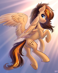 Size: 2200x2750 | Tagged: safe, artist:hakaina, derpibooru import, oc, oc only, oc:aerion featherquill, pegasus, pony, chest fluff, commission, female, flying, looking back, mare, solo, underhoof, wing fluff, wings, ych result