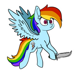 Size: 900x900 | Tagged: safe, artist:slamjam, derpibooru import, rainbow dash, pegasus, pony, backwards cutie mark, knife, simple background, solo, white background