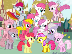 Size: 1024x768 | Tagged: safe, artist:andromendaskies, derpibooru import, apple bloom, apple spice, baby blossom, baby cotton candy, baby heart throb, baby shady, baby sundance, baby tiddlywinks, ember (g1), earth pony, pegasus, pony, g1, g3, g4, adorabloom, apple bloom's bow, baby, baby blossomdorable, baby cottoncandybetes, baby heart throb can fly, baby heartthrobetes, baby honolu-loo, baby honulu-loo can fly, baby ponies, baby pony, baby shadybetes, baby sundawwnce, baby tiddlybetes, baby truly, baby trulybetes, bow, cute, female, filly, flying, foal, freckles, g1 emberbetes, g1 to g4, g3 to g4, generation leap, generations, grin, group, hair bow, honolubetes, open mouth, open smile, ponyville, raised hoof, raised leg, rearing, smiling, spiceabetes