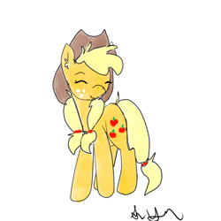 Size: 512x512 | Tagged: safe, artist:boredtabletfilly, derpibooru import, applejack, earth pony, pony, alternate hairstyle, ear fluff, ears, eyes closed, female, hat, mare, simple background, smiling, solo, white background