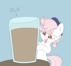 Size: 856x790 | Tagged: safe, artist:lyrabop, derpibooru import, oc, oc only, oc:lyrabop, earth pony, pony, beret, blue background, cup, drink, earth pony oc, eye clipping through hair, eyebrows, eyebrows visible through hair, glass, hat, open mouth, open smile, pilk, simple background, smiling, solo, table, tongue, tongue out