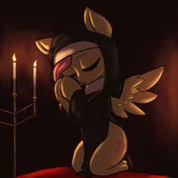 Size: 3000x3000 | Tagged: safe, artist:t72b, derpibooru import, fluttershy, pegasus, pony, candle, candlelight, clothes, cross, eyes closed, female, flutternun, habit, kneeling, mare, nun, praying, side slit, solo, spread wings, total sideslit, wings