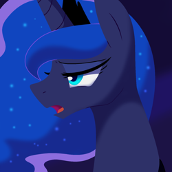 Size: 1280x1280 | Tagged: safe, artist:gameplayart, derpibooru import, princess luna, alicorn, pony, female, lidded eyes, looking to side, mare, open mouth, simple background, solo