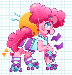 Size: 2788x2891 | Tagged: safe, artist:cocopudu, derpibooru import, pinkie pie, earth pony, pony, abstract background, clothes, costume, female, mare, nightmare night costume, open mouth, open smile, pinkie puffs, raised hoof, raised leg, redraw, roller skates, smiling, solo