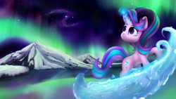 Size: 4300x2425 | Tagged: safe, alternate version, artist:cxynbl, derpibooru import, starlight glimmer, pony, unicorn, aurora borealis, mountain, sky, solo, space, stars