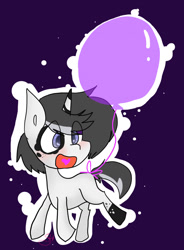 Size: 943x1280 | Tagged: safe, derpibooru import, oc, oc only, oc:pepper splotch, unicorn, balloon, blank flank, coat markings, colt, cute, male, socks (coat marking), spots