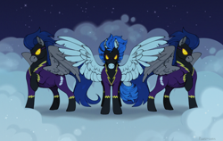 Size: 1900x1200 | Tagged: safe, artist:pigeorgien, derpibooru import, descent, nightshade, pegasus, pony, clothes, cloud, costume, evil, female, male, mare, raised hoof, raised leg, shadowbolts (nightmare moon's minions), shadowbolts costume, spread wings, stallion, trio, wings