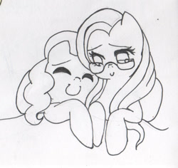 Size: 1208x1142 | Tagged: safe, artist:nabirar, derpibooru import, fluttershy, pinkie pie, earth pony, pegasus, pony, cuddling, duo, female, flutterpie, glasses, grayscale, ink drawing, lesbian, monochrome, shipping, smiling, traditional art