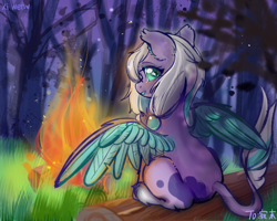 Size: 1200x960 | Tagged: safe, artist:xi wen, derpibooru import, oc, oc only, oc:jimo, pegasus, back, campfire, evening, fire, forest, log, solo