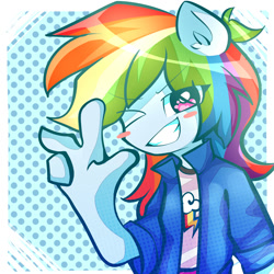 Size: 2000x2000 | Tagged: safe, artist:kairochan, derpibooru import, rainbow dash, equestria girls, blush sticker, blushing, clothes, cutie mark, cutie mark on clothes, four fingers, grin, one eye closed, pony ears, shirt, smiling, solo, wink