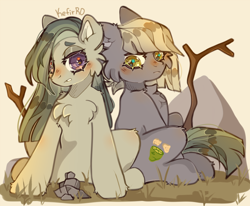 Size: 996x820 | Tagged: safe, artist:kefirro7, derpibooru import, limestone pie, marble pie, earth pony, pony, cheek fluff, chest fluff, duo, female, rock, siblings, sisters, sitting, stick