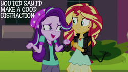 Size: 1280x720 | Tagged: safe, derpibooru import, edit, edited screencap, editor:quoterific, screencap, starlight glimmer, sunset shimmer, equestria girls, mirror magic, spoiler:eqg specials, canterlot high, duo, duo female, female, geode of empathy, jewelry, magical geodes, necklace, open mouth, open smile, smiling