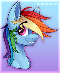 Size: 1328x1612 | Tagged: safe, alternate version, artist:goddamncat, derpibooru import, rainbow dash, pegasus, pony, bust, cute, dashabetes, female, looking at you, mare, portrait, smiling, smiling at you, smirk, solo, textless version, updated, updated design