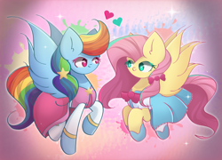 Size: 3050x2200 | Tagged: safe, artist:miryelis, derpibooru import, fluttershy, rainbow dash, pegasus, pony, clothes, cute, dashabetes, dress, female, flutterdash, flying, heart, heart eyes, lesbian, looking at each other, shipping, shyabetes, simple background, smiling, smiling at each other, super lesbian horse rpg, wingding eyes