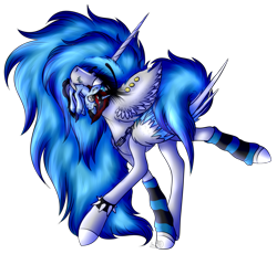 Size: 3129x2873 | Tagged: safe, artist:beamybutt, derpibooru import, oc, oc only, oc:moonbeam, alicorn, pony, chains, clothes, ear fluff, ear piercing, ears, female, leg warmers, mare, mouth hold, piercing, plushie, simple background, spiked wristband, transparent background, wristband