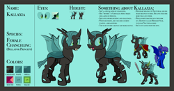 Size: 1920x1003 | Tagged: safe, artist:alexdti, derpibooru import, oc, oc:kallaxia, changeling, disguise, disguised changeling, female, magic, reference sheet, solo, sword, weapon