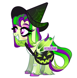 Size: 2400x2417 | Tagged: safe, artist:herusann, derpibooru import, oc, oc only, bat pony, pony, base used, bat pony oc, bat wings, blushing, eyelashes, grin, halloween, hat, holiday, hoof polish, jack-o-lantern, makeup, pumpkin, simple background, smiling, solo, unshorn fetlocks, white background, wings, witch hat