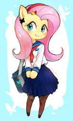 Size: 798x1316 | Tagged: safe, artist:nendo, derpibooru import, fluttershy, semi-anthro, bag, blouse, blushing, clothes, cute, female, hair accessory, hairpin, head turned, looking at you, looking sideways, sailor uniform, satchel, school uniform, shyabetes, skirt, smiling, socks, solo, standing, stockings, thigh highs, uniform