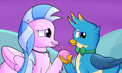 Size: 2500x1500 | Tagged: safe, artist:fantaje3, derpibooru import, gallus, silverstream, griffon, hippogriff, cute, diastreamies, female, gallabetes, gallstream, holding hands, jewelry, male, necklace, shipping, smiling, straight